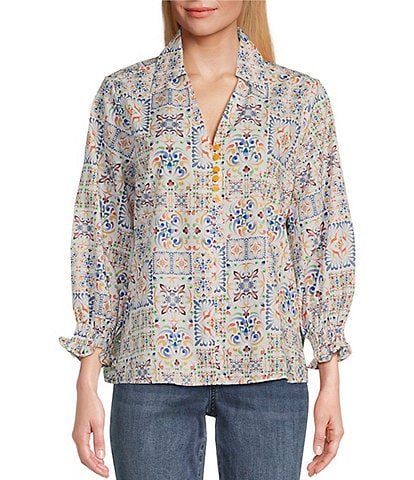 Foxcroft Alexis Watercolor Mosaic Print Point Collar 3/4 Sleeve Popover Top