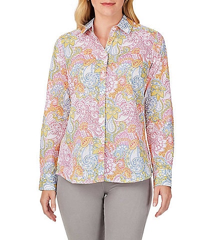 Foxcroft Ava Cotton Clip Dot Paisley Print Point Collar Long Sleeve Button Front Shirt