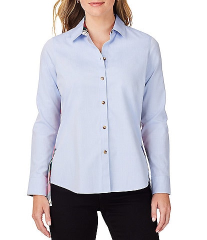 Foxcroft Bennet Long Sleeve Point Collar Side Bias Panel High-Low Hem Button Front Shirt