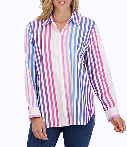 Foxcroft Boyfriend Multi Stripe Point Collar Button Front Long Sleeve Shirt