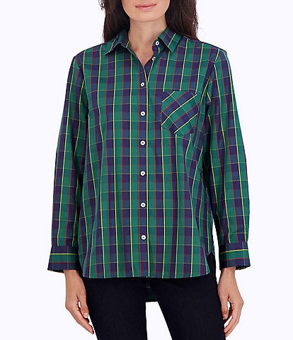 Foxcroft Boyfriend Tartan Plaid Woven Point Collar Long Sleeve Oversize Button Front Shirt