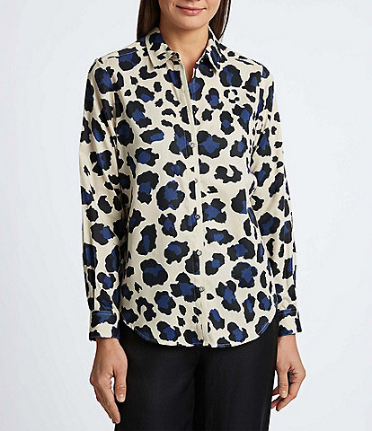 Foxcroft Charlie Animal Print Point Collar Neck Long Sleeve Button Front Top