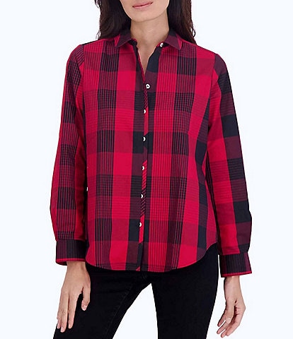 Foxcroft Charlie Buffalo Holiday Plaid Print Woven Long Sleeve Point Collar Button Front Rounded Hem Shirt
