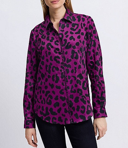 Foxcroft Charlie Cotton Sateen Cheetah Print Point Collar Long Sleeve Round Hem Button Front Shirt