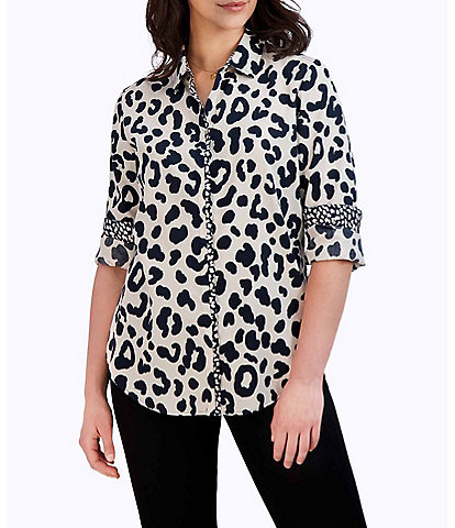 Foxcroft Charlie Cotton Sateen Cheetah Print Point Collar Long Sleeve Round Hem Button Front Shirt