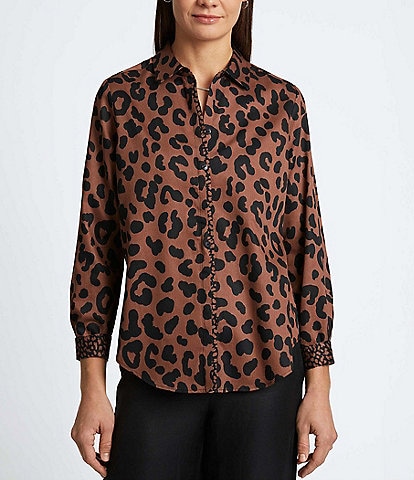 Foxcroft Charlie Cotton Sateen Cheetah Print Point Collar Long Sleeve Round Hem Button Front Shirt