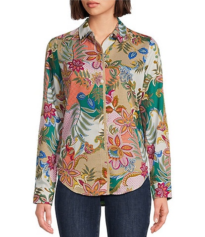 Foxcroft Charlie Jacobean Floral Collared Long Sleeve Shirt