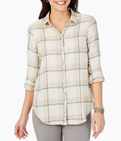 Foxcroft Charlie Plaid Print Point Collar Long Roll-Tab Sleeve Button Front Shirt