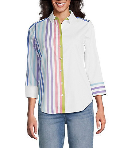 Foxcroft Charlie Point Collar 3/4 Sleeve Stretch Stripe Shirt