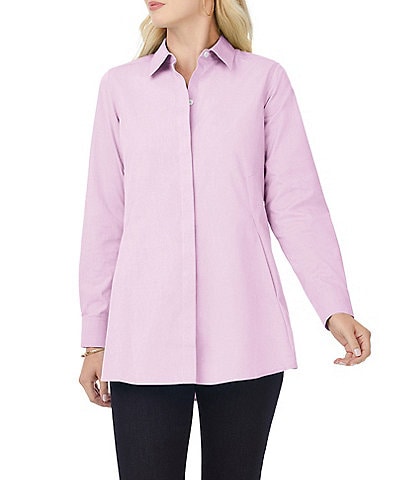 Foxcroft Cici Solid Non-Iron Pinpoint Oxford Long Sleeve Point Collar Button Front Tunic