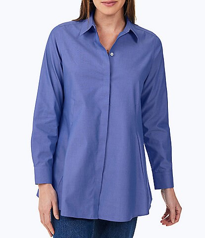 Foxcroft Cici Solid Non-Iron Pinpoint Oxford Long Sleeve Point Collar Button Front Tunic