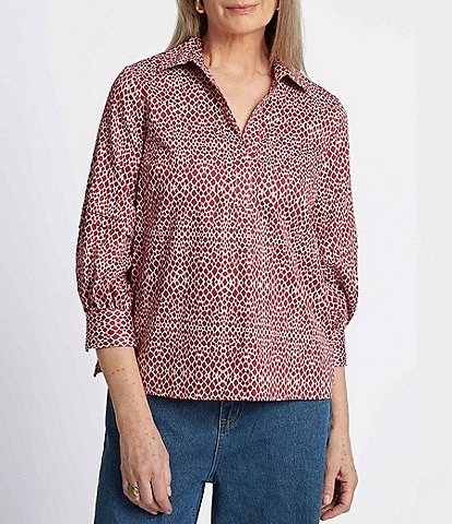 Foxcroft Frankie Abstract Snakeskin Collared Neckline 3/4 Sleeve Blouse