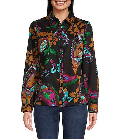 Foxcroft Hampton Painted Paisley Collared Long Sleeve Button Down Top