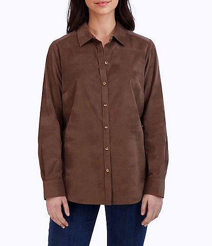 Foxcroft Haven Solid Corduroy Point Collar Long Sleeve Round Hem Button Front Shirt