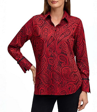 Foxcroft Iris Paisley Collar Long Sleeve Button Down Top