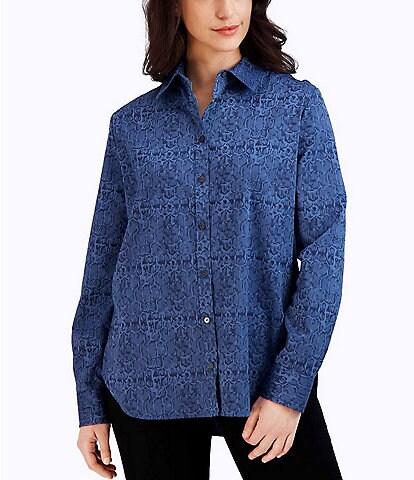 Foxcroft jacquard Point Collar Long Sleeve Button Front Shirt