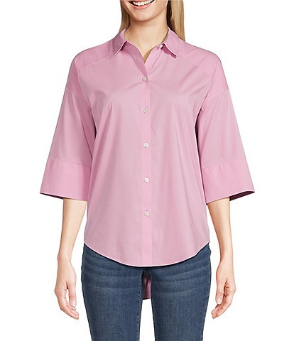 Foxcroft Joanna Solid Stretch Cotton Point Collar 3/4 Sleeve Button Front Blouse