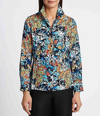 Foxcroft Katie Floral Print Wing Collar Long Sleeve Top