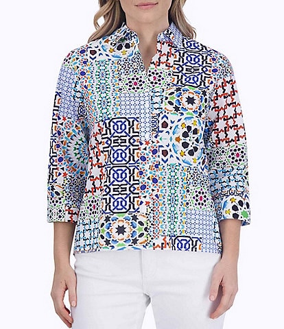 Foxcroft Kelly Point Collar 3/4 Sleeve Intertwine Patchwork Print Button Front Shirt