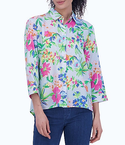 Foxcroft Kelly Point Collar 3/4 Sleeve Painterly Floral Shirt