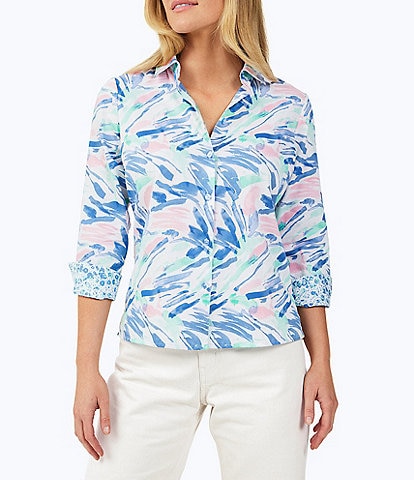 Foxcroft Lucie Printed Cotton Sateen Point Collar 3/4 Sleeve Button Front Shirt
