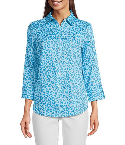 Foxcroft Margie Wrinkle Free Point Collar 3/4 Sleeve Cheetah Print Button Front Shirt
