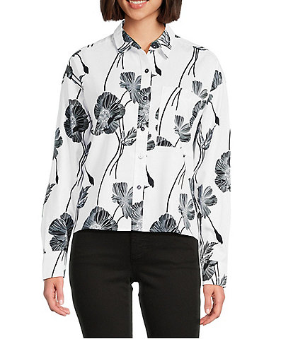Foxcroft Marina Cotton Sateen Wrinkle Free Printed Point Collar Long Sleeve Button-Front Shirt