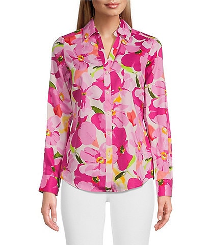 Foxcroft Mary Floral Print Y-Neck Point Collar Barrel Cuff Long Sleeve Button Front Shirt