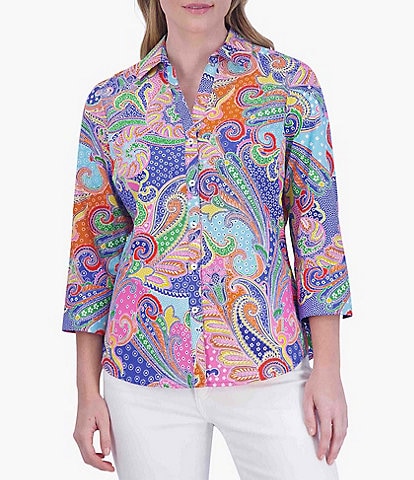Foxcroft Mary Point Collar 3/4 Sleeve Multicolor Paisley Print Shirt
