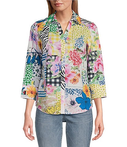 Foxcroft Mary Printed Cotton Poplin Point Collar 3/4 Cuffed Sleeve Button Front Shirt