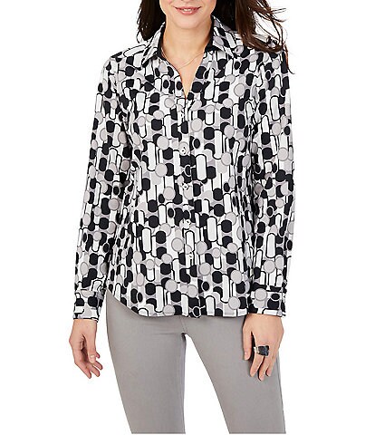 Foxcroft Mary Retro Bubble Print Jersey Knit Point Collar Long Sleeve Shirttail Hem Shirt