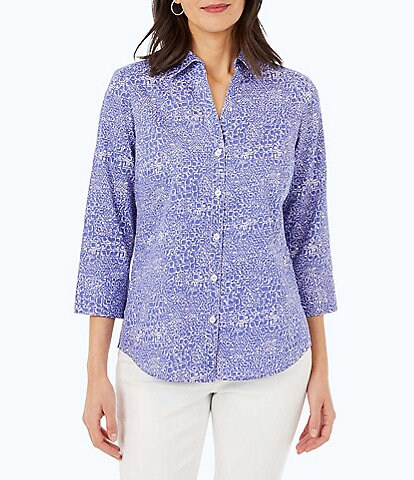 Foxcroft Mary Sateen Cotton Point Collar 3/4 Sleeve Printed Button Front Shirt