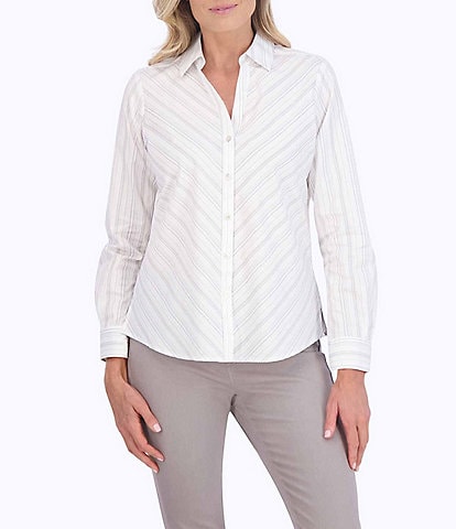 Foxcroft Mary Stripe Print Point Collar Long Sleeve Side Slits Hem Button Front Woven Shirt