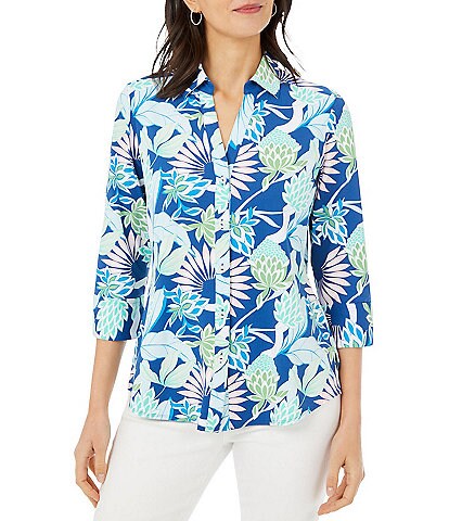 Foxcroft Mary Tropical Leaf Print Point Collar 3/4 Sleeve Jersey Knit Blouse