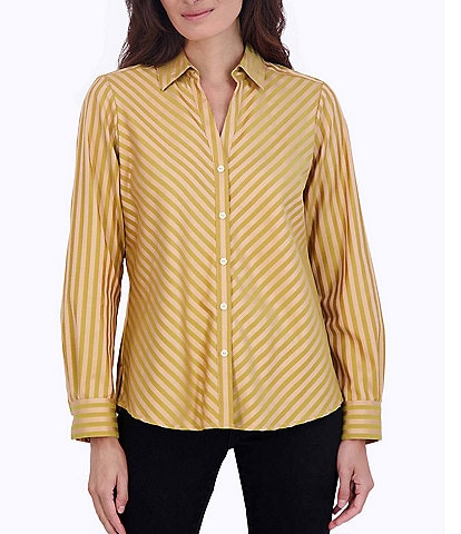 Foxcroft Mary Woven Y-Collar Long Sleeve Shirttail Side Slit Hem Button Front Shirt
