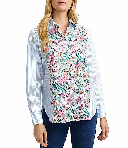 Foxcroft Meghan Cotton Floral Stripe Point Collar Long Sleeve Button Front Shirt