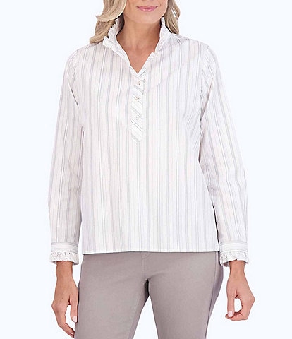 Foxcroft Mia Lurex Knit Stripe Print Ruffle Collar Long Sleeve Popover Top