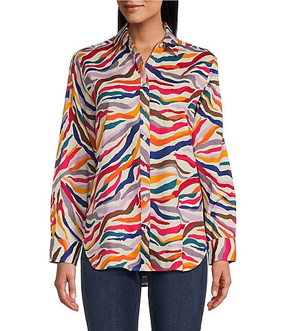 Foxcroft Multicolor Zebra Print Long Sleeve Button-Front Boyfriend Shirt