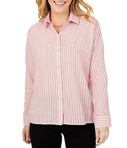 Foxcroft Natalie Striped Print Point Collar Long Sleeve Cotton Blend Shirt