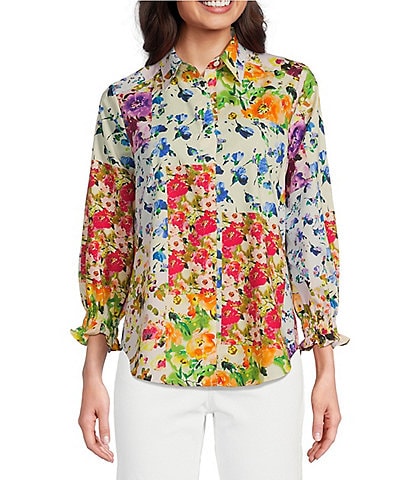 Foxcroft Oliva Floral Print Point Collar 3/4 Sleeve Button Front Top
