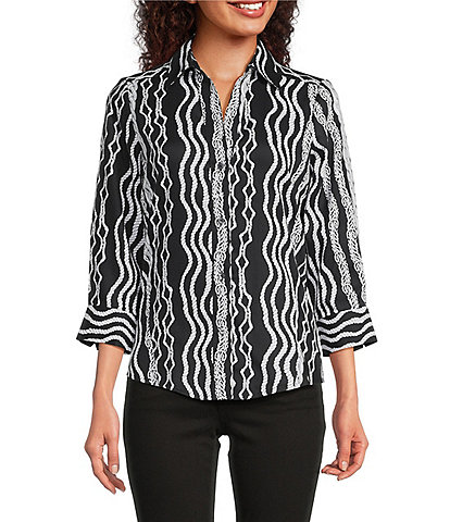 Foxcroft Paityn Cotton Sateen Braided Belt Wrinkle Free Point Collar 3/4 Sleeve Button Front Shirt