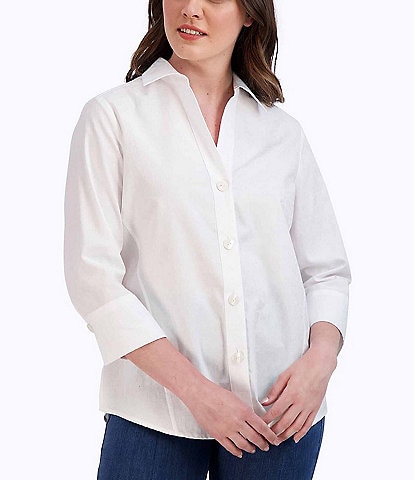 Foxcroft Paityn Jacquard Point Collar 3/4 Sleeve Shirttail Hem Button Front Shirt