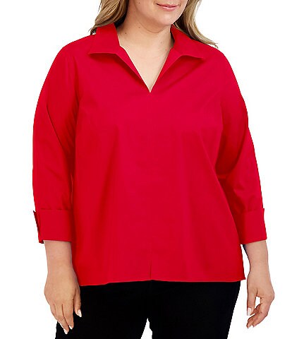 Foxcroft Plus Size Agnes Cotton Stretch Wing Collar Long Sleeve Top