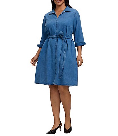 Foxcroft Plus Size Agnes Denim Wing Collar 3/4 Sleeve Sashed Shirtdress