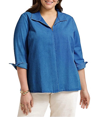 Foxcroft Plus Size Agnes Tencel Cotton Wing Collar 3/4 Sleeve Tunic