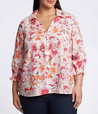Foxcroft Plus Size Alexis Floral Print Point Collar 3/4 Sleeve Top