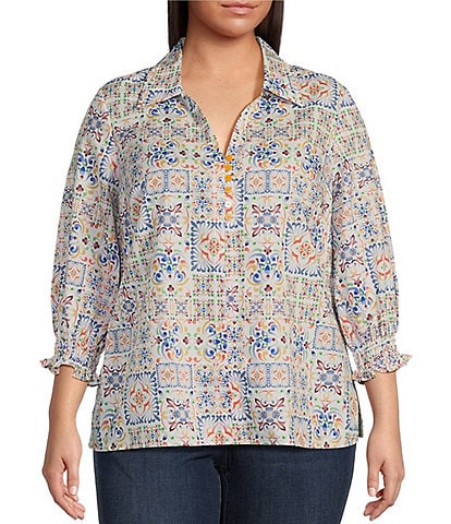 Foxcroft Plus Size Alexis Watercolor Mosaic Print Point Collar 3/4 Sleeve Popover Top