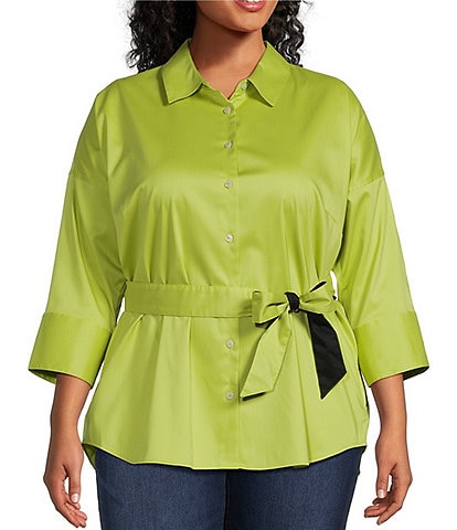 Foxcroft Plus Size Avery Matte Sateen Point Collar 3/4 Sleeves Button Front Tunic