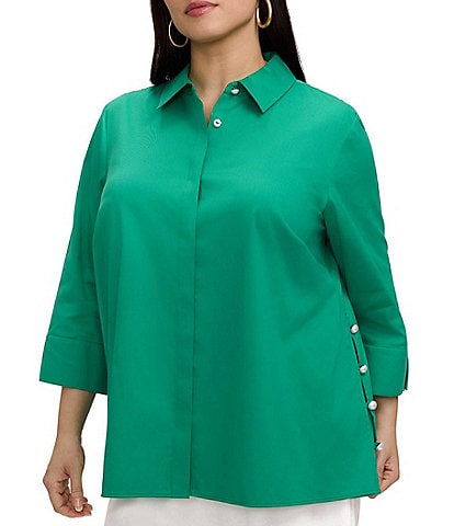 Foxcroft Plus Size Beatrice Matte Sateen Point Collar 3/4 Turn-Up Cuff Hidden Button Front Blouse