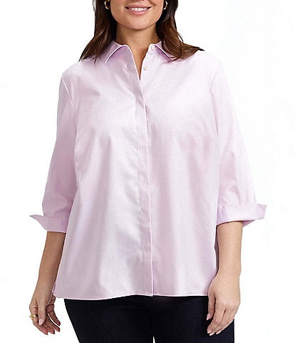 Foxcroft Plus Size Beatrice Stripe Point Collar 3/4 Sleeve Button Front Shirt